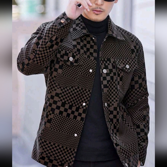 Men's Turn-Down Collar Checkerboard PU Leather Jacket, Business Style - Picture 4 of 5